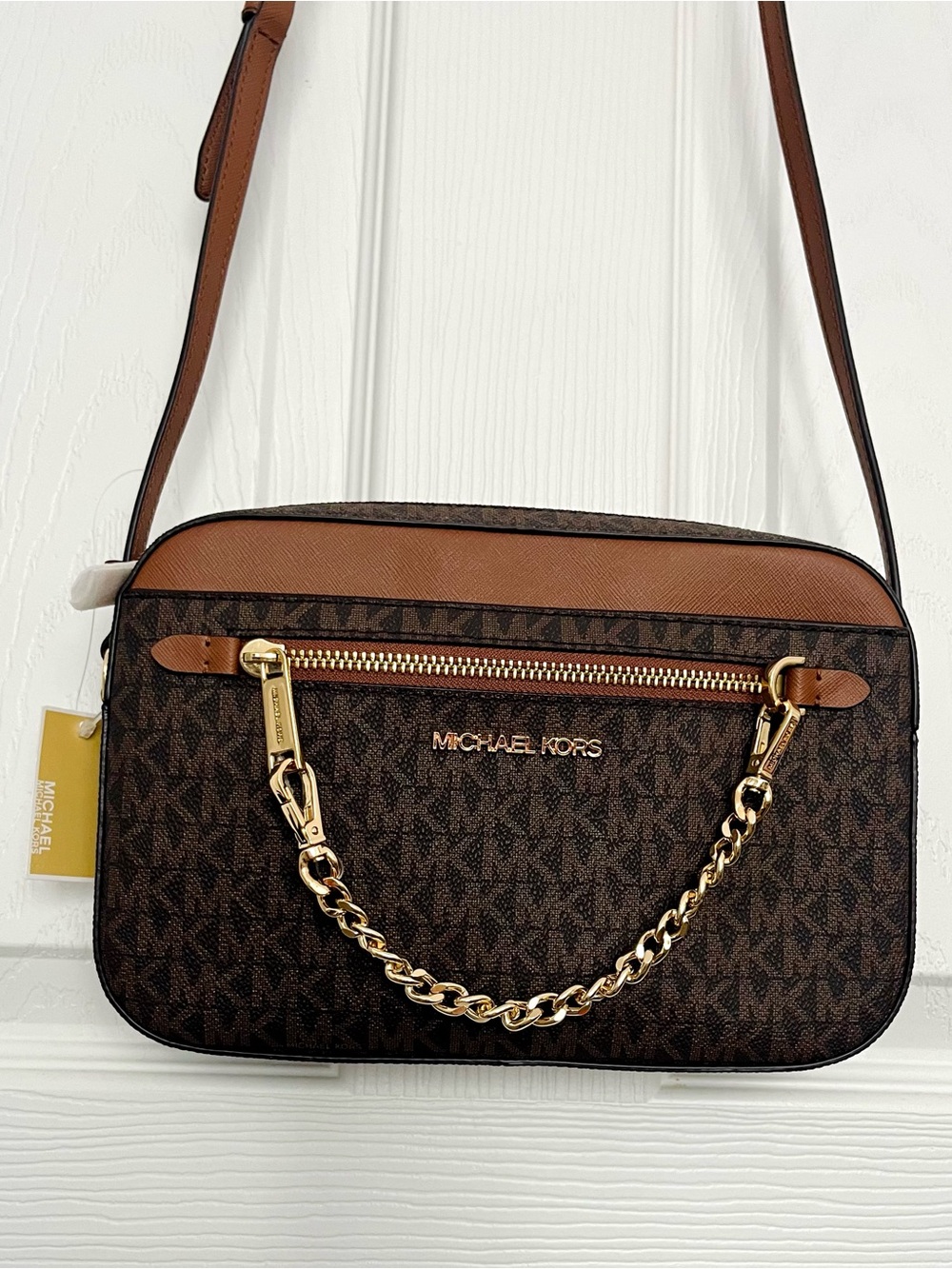 Michael Kors Jet Set Chain Crossbody Signature Brown Logo Gold Hardware